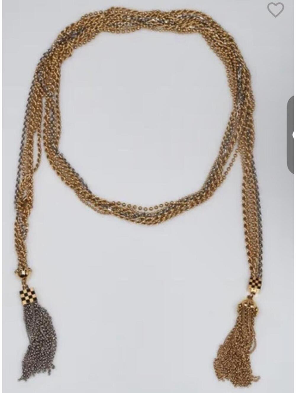 LOUIS VUITTON Damier Tassel Chain Lariat Necklace Silver/ Gold Tone NWOT